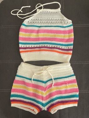 SHEIN White Crochet Stripe Halter Top & Shorts Set - Pink, Teal, Yellow